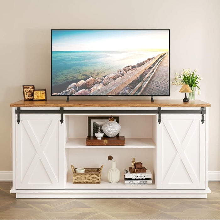Bigleap 65 Inch TV Stand with Sliding Barn Doors, Adjustable Shelves Media Console, Farmhouse Entertainment Center for Living Room Storage，White