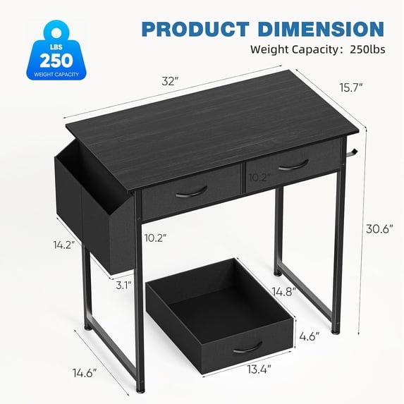 Small Desk with Drawers, Modern Study Writing Table Computer Desks with Storage Bag & Hook for Bedroom Home Office