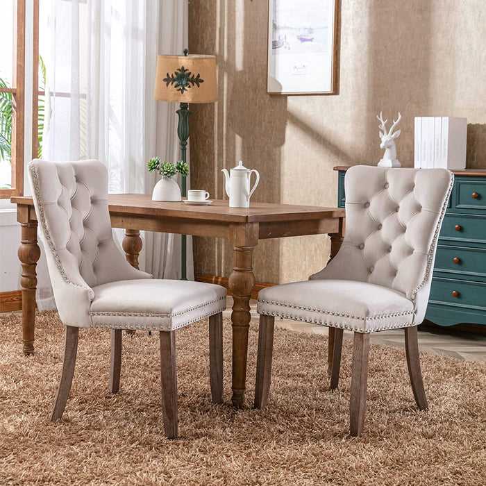 Set of 2 Dining Chairs, High End Velvet Upholstered Dining Chairs, Tufted Dining Chairs with Ring Back and Nailhead Trim-Beige