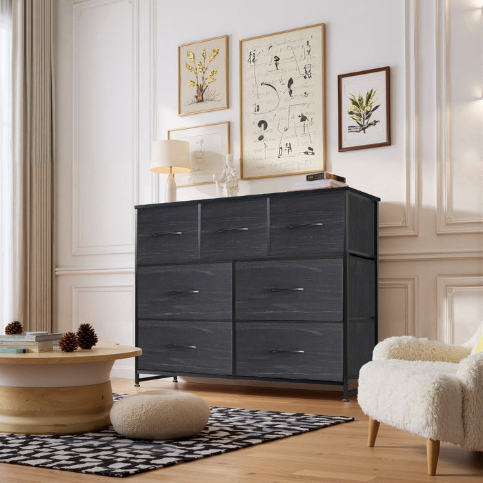 Betcozy 7-Drawer Fabric Dresser, Horizontal TV Stand & Main Bedroom Clothes Storage Unit, Metal Frame with Wooden Top, Black