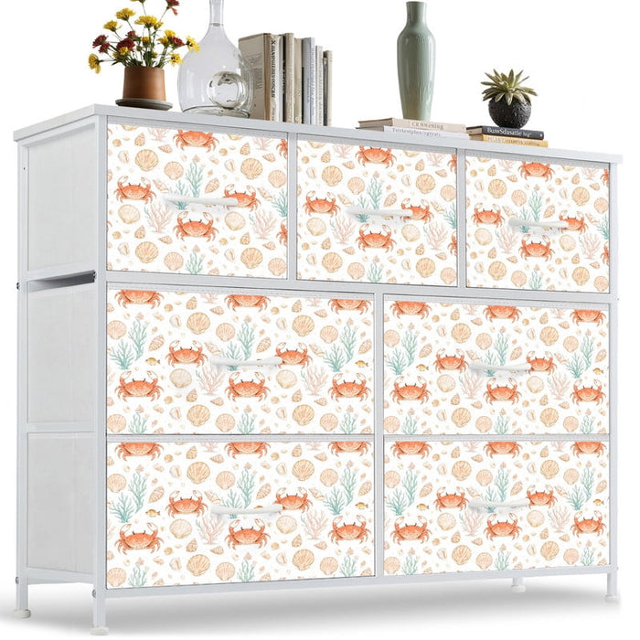 Taoset Beach House Nursery Dresser - 7 Drawer Coastal Fabric Storage Chest with Cute Crab Pattern, Under the Sea Organizer for Kids Bedroom