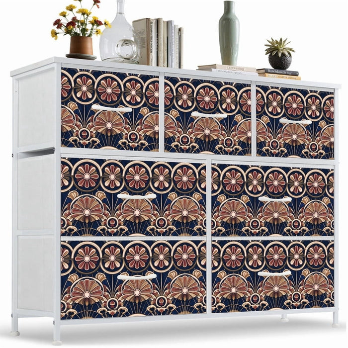 Betcozy 7 Drawers Fabric Dresser with White Metal Frame, Storage Tower for Bedroom, Mid-Century Geometric Arch