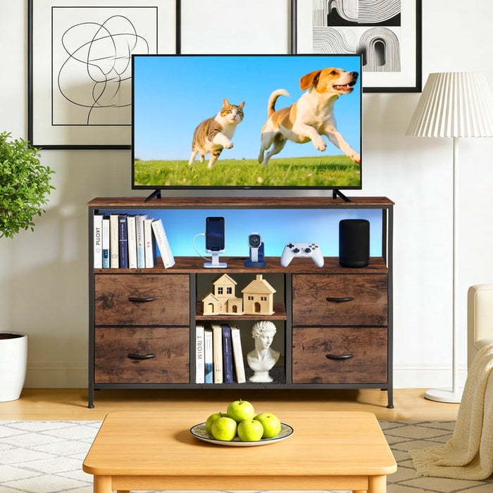 Nextay Smart LED TV Stand with Charging Station & 4 Drawers – Fits 50 Inch TV, Adjustable Feet, Modern Media Console for Living Room & Bedroom, Brown