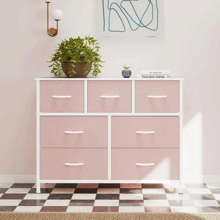 Betcozy 7-Drawer Fabric Dresser, Horizontal TV Stand & Main Bedroom Clothes Storage Unit, Metal Frame with Wooden Top, Pink