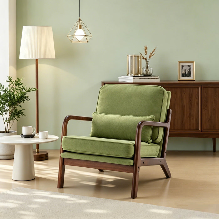 Mid-Century Modern Accent Chair, Modern Armchair with Cushion, High Quality Wood Frame, Solid Wood Frame Armchair for Living Room & Reading Room, Green