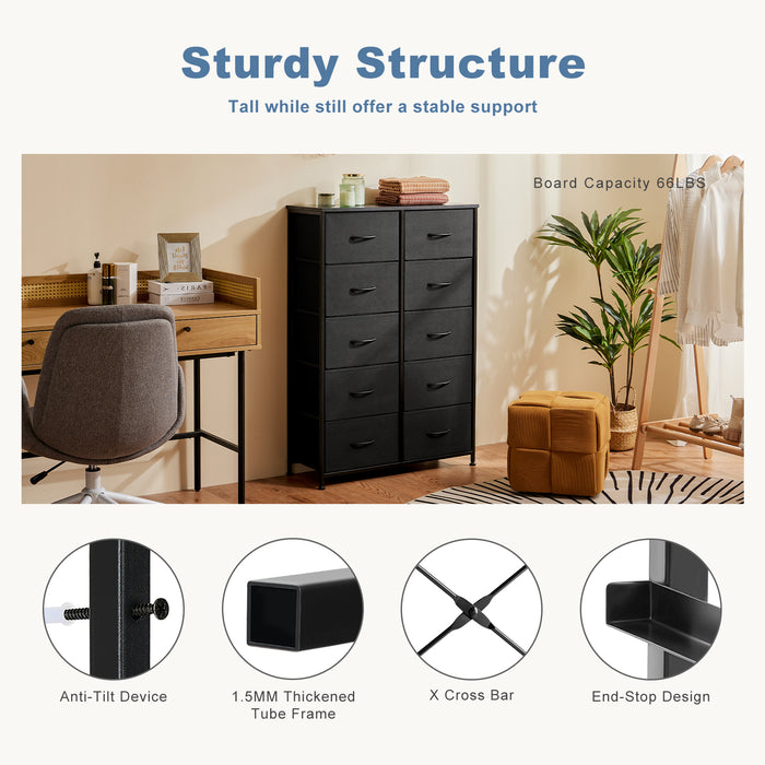 Bigleap 10 Drawer Dresser, Fabric Storage Tower Organizer with Wood Top and Steel Frame for Bedroom, Closet, Hallway, Entryway,Black