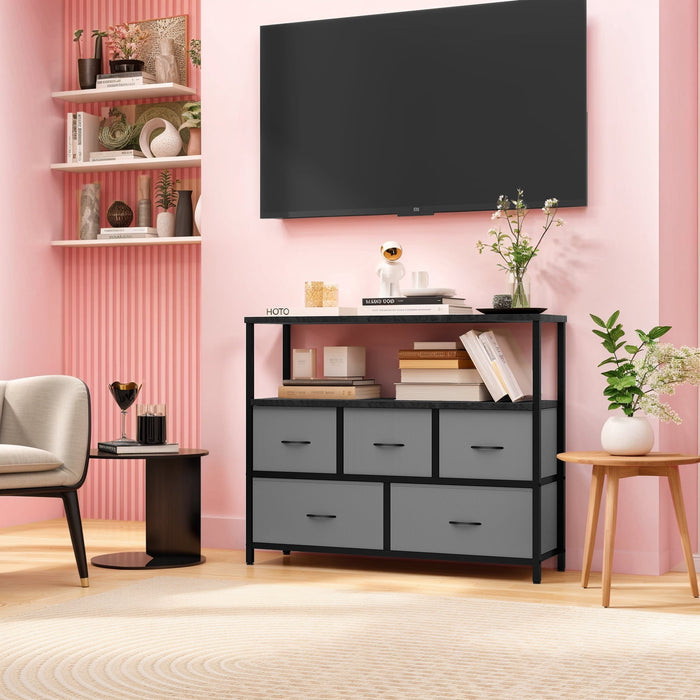 Blorly TV Stand, Gray Dresser TV Stand for Bedroom, Entertainment Center for 45 Inch TV with Drawers, Fabric, Adjustable Feet, Living Room