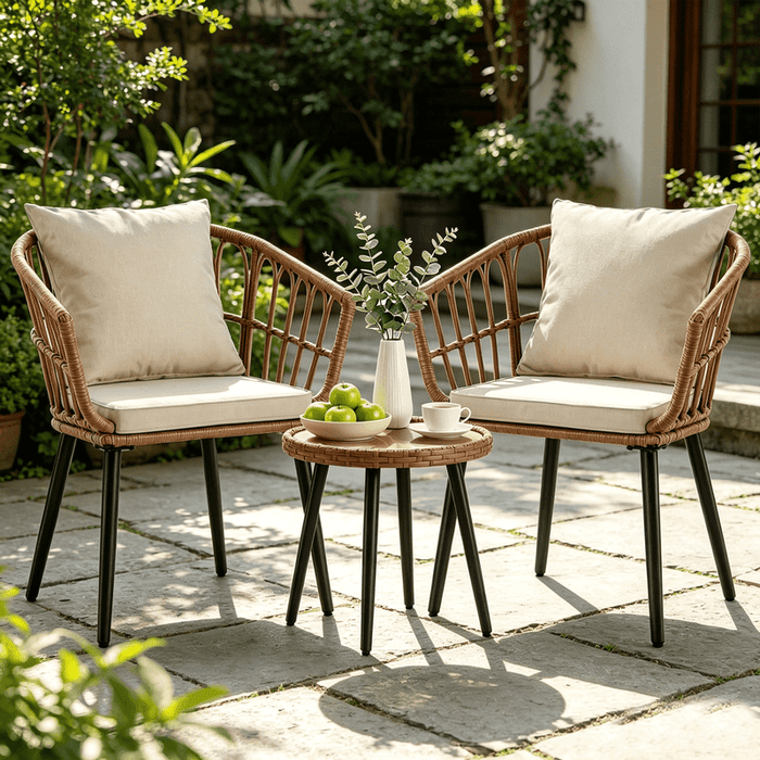 Blorly 3 Piece PE Rattan Patio Furniture Set, Outdoor Wicker Conversation Set with Thick Cushions and Glass Top Coffee Table, All-Weather Lawn Chairs Set for Backyard, Garden, Porch, Brown