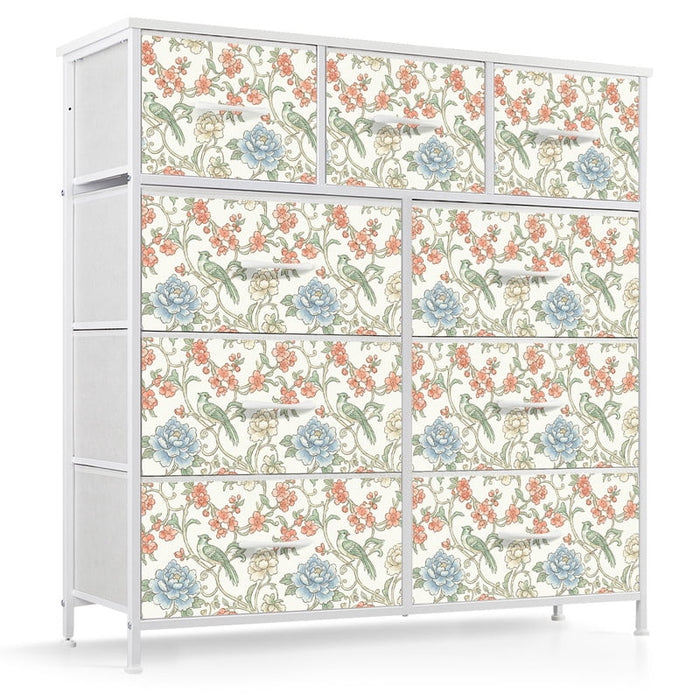 Taoset Fabric Dresser with 9 Drawers, Vintage Bird and Floral Print Storage Cabinet