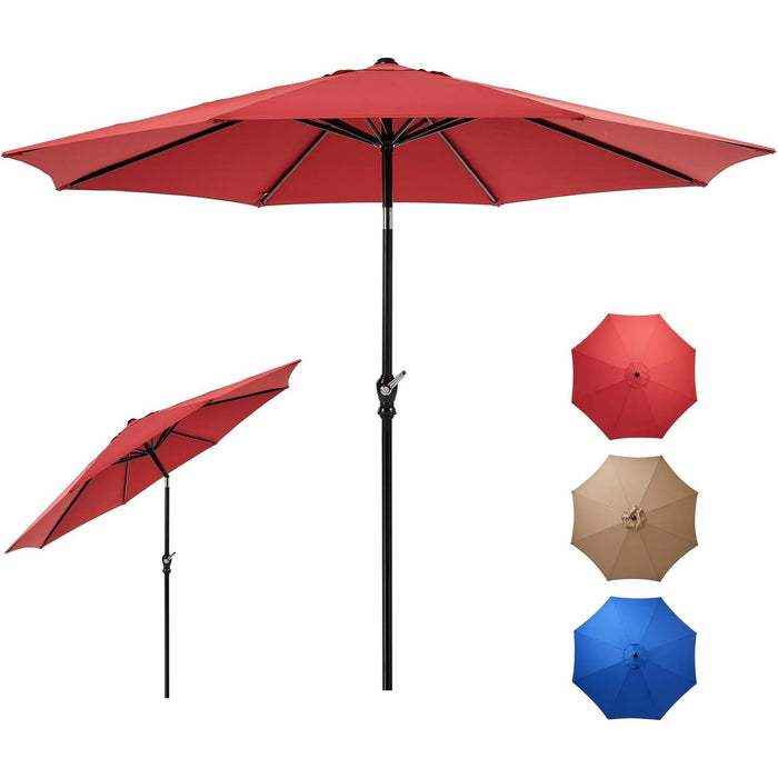 9FT Patio Umbrella for Beach, Push Button Tilt and Crank, 8 Sturdy Rib Outdoor Umbrellas for Market, Terrace, Khaki