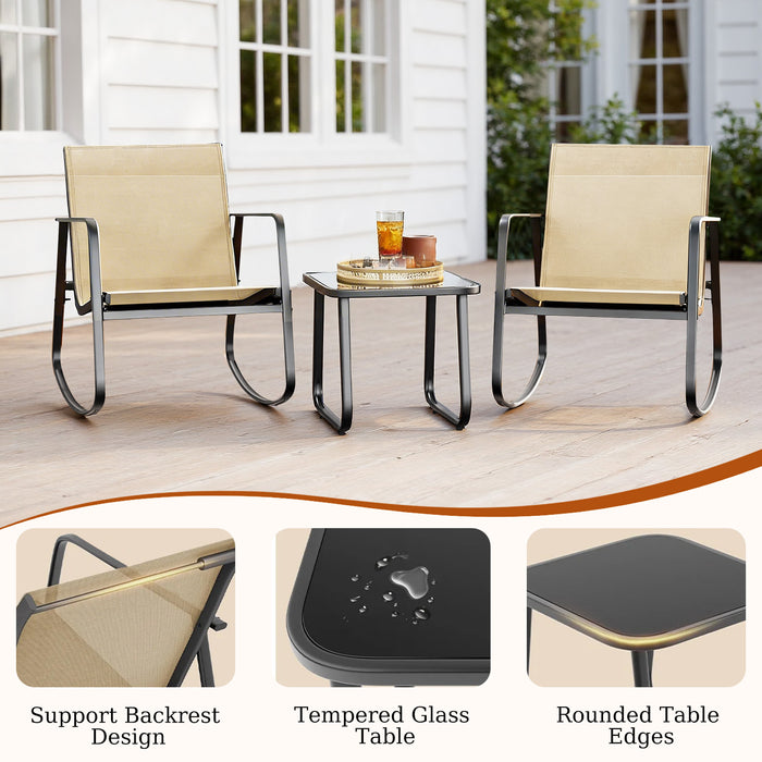 Bigleap 3-Piece Outdoor Rocking Chair Set with Table, Textilene Patio Rockers & Tempered Glass Top, All-Weather Garden Conversation Set for Porch, Balcony, Poolside, Brown