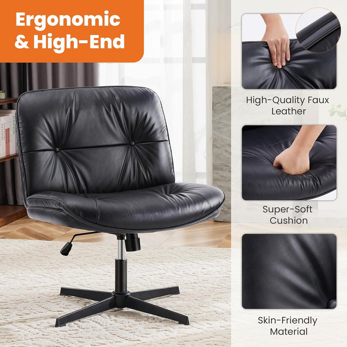 TINKLE WELL Swivel Office Chair, Armless Computer Chair, Sturdy Criss-Cross Base, Adjustable Height, PU Leather Wide Seat, Black