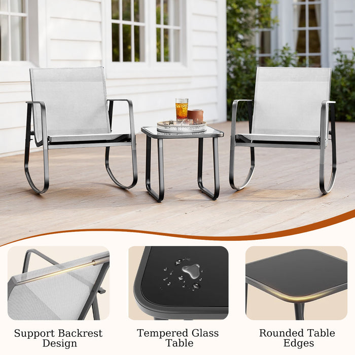 Bigleap 3-Piece Outdoor Rocking Chair Set with Table, Textilene Patio Rockers & Tempered Glass Top, All-Weather Garden Conversation Set for Porch, Balcony, Poolside, Gray
