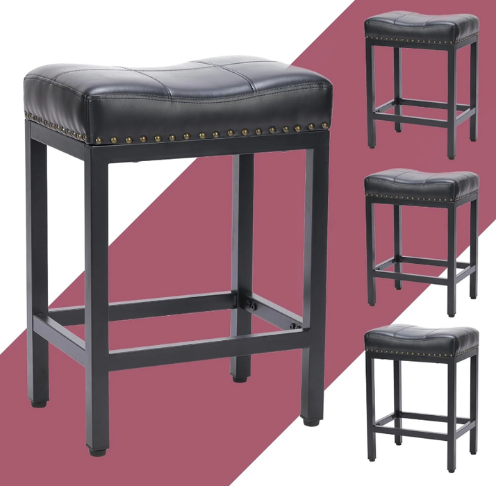 TINKLE WELL Bar Stools Counter Height - 24 Inch Saddle Stools, PU Leather Modern Kitchen Barstools with Metal Base Footrest