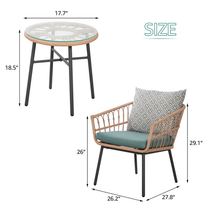 3 Pieces Outdoor Furniture Patio Bistro Set All-Weather Wicker Conversation Set with Tempered Coffee Table, Wicker Chairs, Cushions and 2 Back Pillows for Front Porch Balcony Backyard Deck