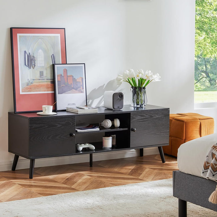 TV Stand for 55 60 inch TV, Modern Mid Century Entertainment Center with Storage, Media Console Table 2 Cabinet, for Living Room, Office, Black