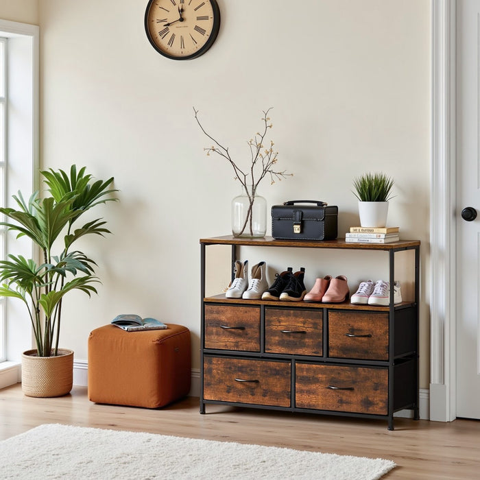 5 Fabric Drawer Dresser TV Stand for Bedroom, Entertainment Center for 45 Inch TV with Storage Drawer Unit, Open Shelf, Adjustable Feet, Living Room