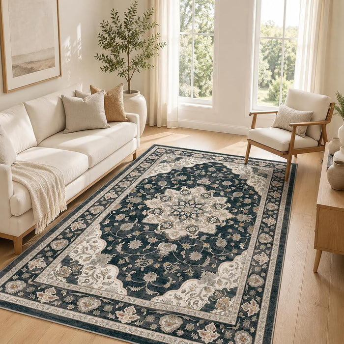 IULULU 6'x8' Area Rug for Living Room Bedroom, Machine Washable, Soft Low Pile Vintage Medallion Floral Rug with Non-Slip Backing