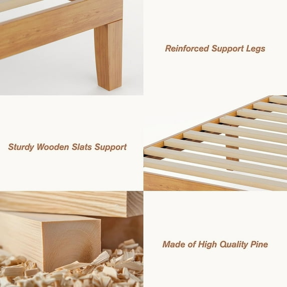 Parcus Solid Wood Bed Frame, 12-inch Noise Free Design Bed Frame Base, Natural Pine Bed Frame with No Box Spring Needed, Sturdy Wood Slat Support Bedroom Furniture, Easy Assembly