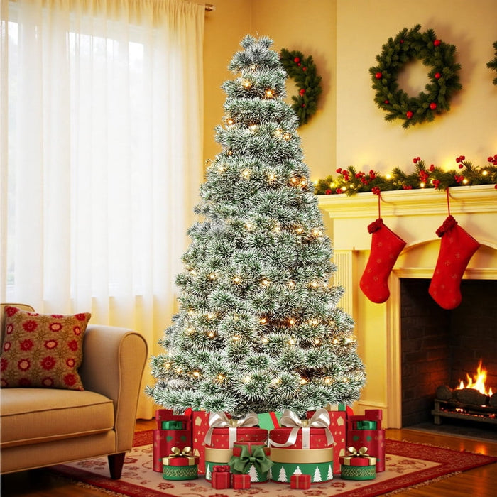 Simenmax 6ft Snow Flocked Artificial Christmas Tree, 700 Branch Tips with 250 Incandescent Lights, Hinged Spruce for Home Office Holiday Decor