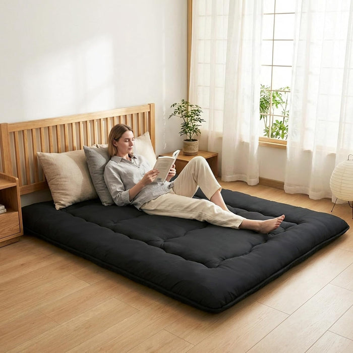 Blorly Japanese Floor Mattress, 4-Inch Thick Minimalist Tatami Mattress with Diamond Stitching, Removable Washable Cover Roll Up Guest Bed Meditation Yoga Mat for Dorm, Apartment, Full, Black