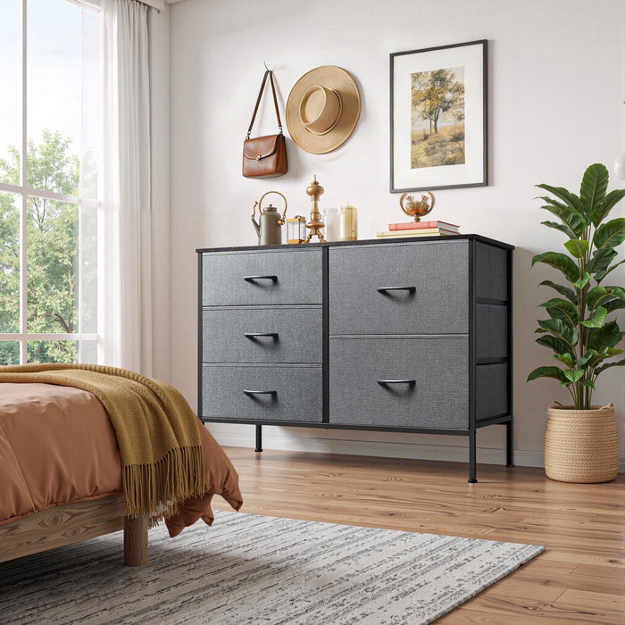 Betcozy Dresser, Storage Organizer with 5 Drawers for Bedroom, Chest of Drawers with Fabric Bins, Sturdy Metal Frame, Wood Tabletop for Guest Room, Closet, Entryway, Nursery, Gray