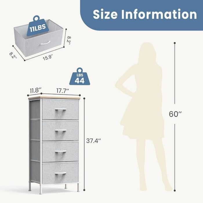 Betcozy 4-Drawer 37.7" Storage Dresser, Narrow Closet Organizer Cabinet & Space-Saving Bedroom Dresser, Steel Frame, Wooden Top, Gray