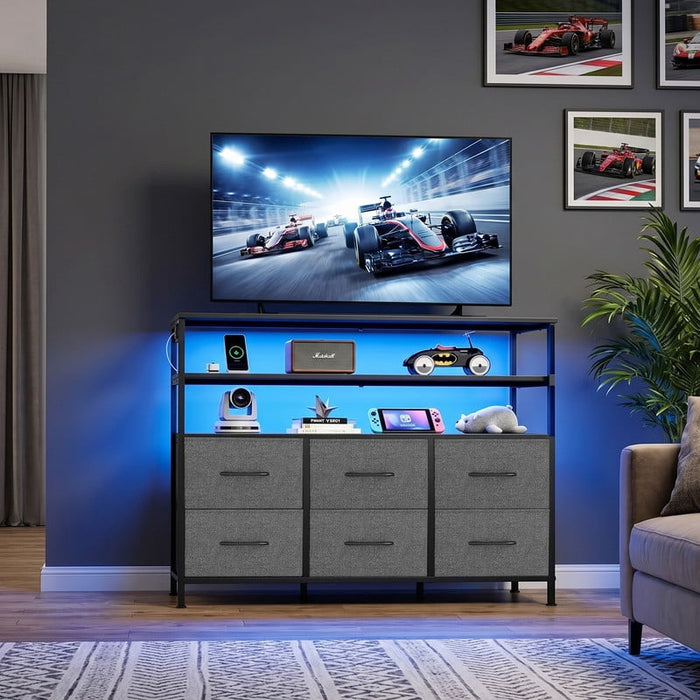 Betcozy 40" TV Stand with Double-Tier Open Shelves, LED Entertainment Center for 45 inch TV, 6 Drawer Media Console with Charging Station, 1.5mm Heavy-Duty Frame Gaming Station, Gray