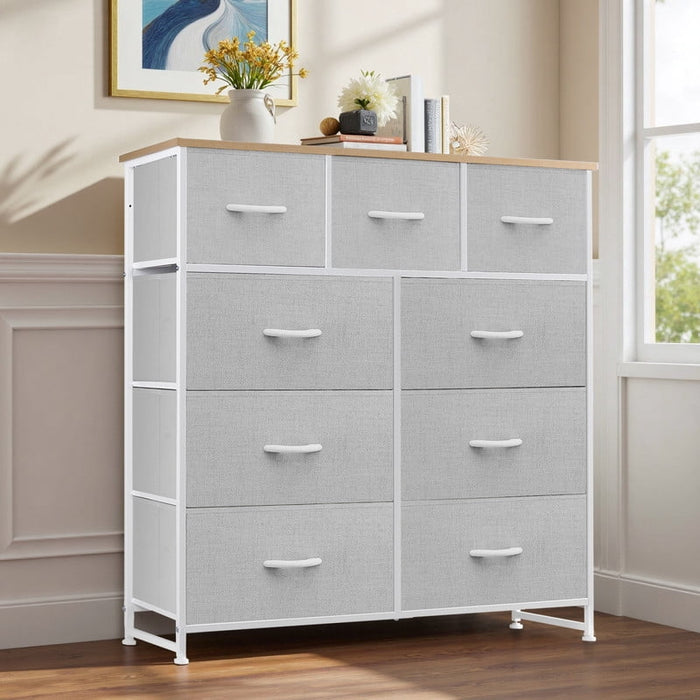 Ethovia 9-Drawer Fabric Storage Dresser, Sturdy Steel Frame with Wooden Tabletop, Wide Foldable Bins, Perfect for Bedroom, Hallway, and Entryway, Light Gray