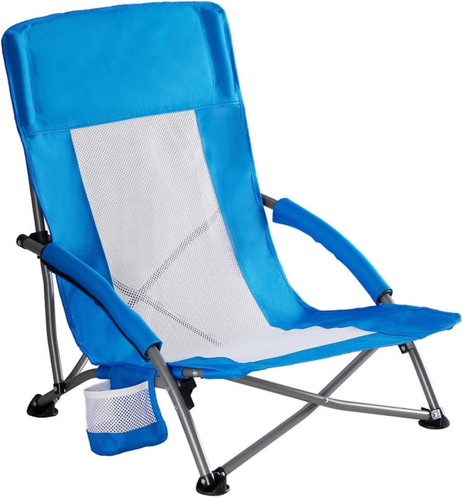 Simenmax Low Beach Chair – Folding Camping Chair for Adults, Low Profile Lawn Chair with Cup Holders for Outdoor, Travel, Concerts, Beach,Blue