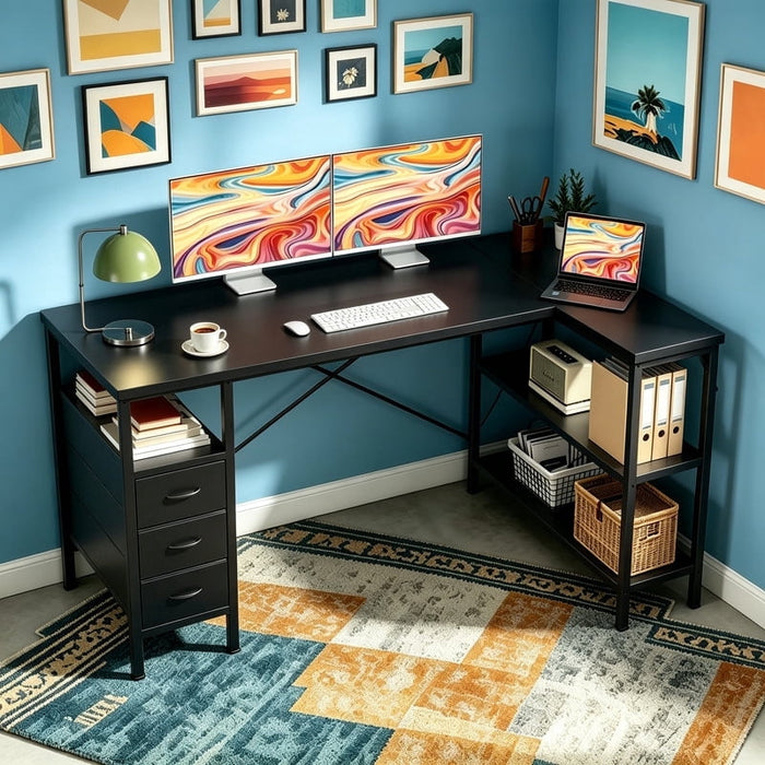 Betcozy 55" L-Shaped Corner Desk with Charging Station, Wide Desktop for Dual Monitors, Storage Shelves & Drawers for Gaming Bedroom,Black