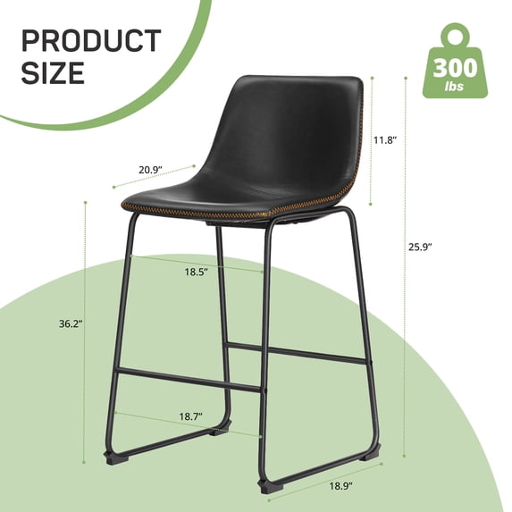Set of 2 Counter Height Bar Stools, 26 inch Height Modern PU Leather Bar Chairs with Backrest and Metal Legs for Kitchen Island