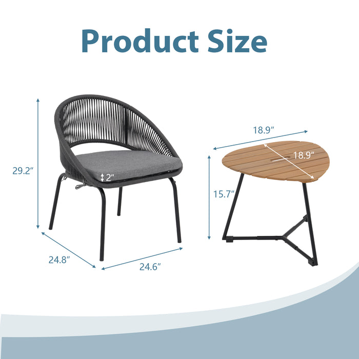 3 Piece Outdoor Bistro Set, Woven Rope Conversation Patio Set, All Weather Patio Furniture Chairs with Cushions and Coffee Table for Porch, Balcony, Garden, Backyard
