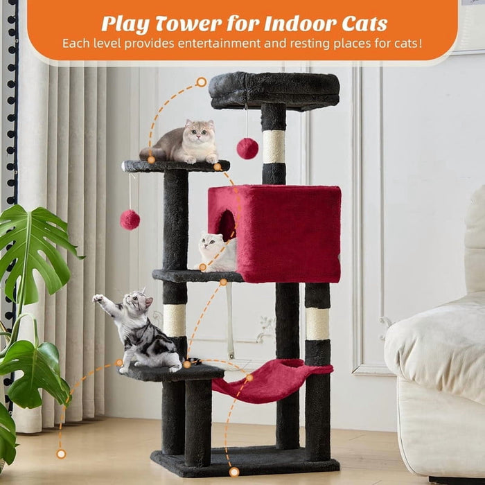 Bigleap 44” Black Cat Tree Tower for Indoor Cats, Multi-Level Climbing Activity Center with Hammock, Scratching Posts & Cozy Condo