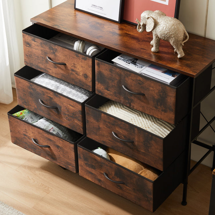 Ethovia 6-Drawer Fabric Storage Dresser, Sturdy Steel Frame with Wooden Tabletop, Wide Foldable Bins, Perfect for Bedroom, Hallway, and Entryway, Rust