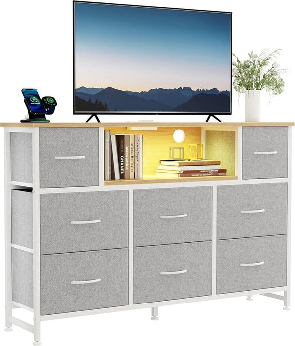 Simenmax LED TV Stand for 45-55 Inch TV, Entertainment Center with 8 Fabric Drawers & Open Shelves, Charging Station with 2 USB & 2 AC Outlets, Light Gray