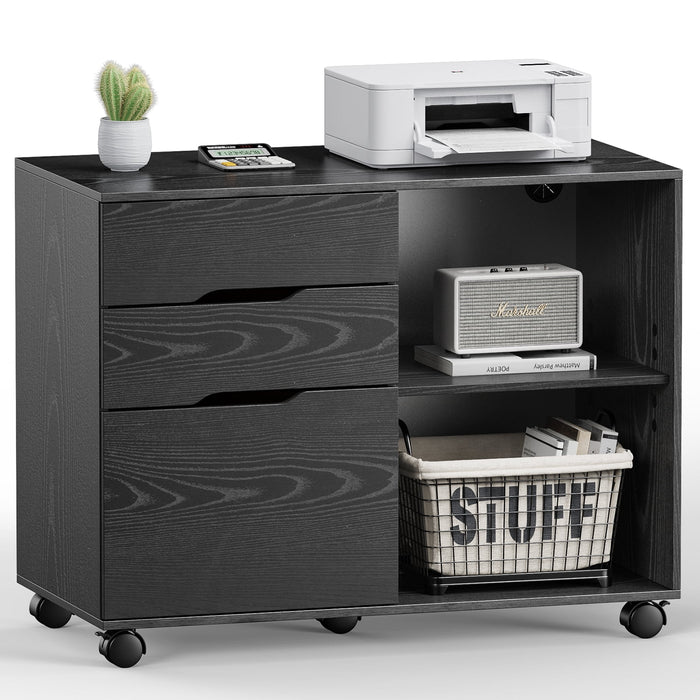 Bigleap 3-Drawer File Cabinet, Mobile Printer Stand with Open Shelves & Locking Wheels, Wood Rolling Storage Cabinet for Home Office Desk Organization,Black
