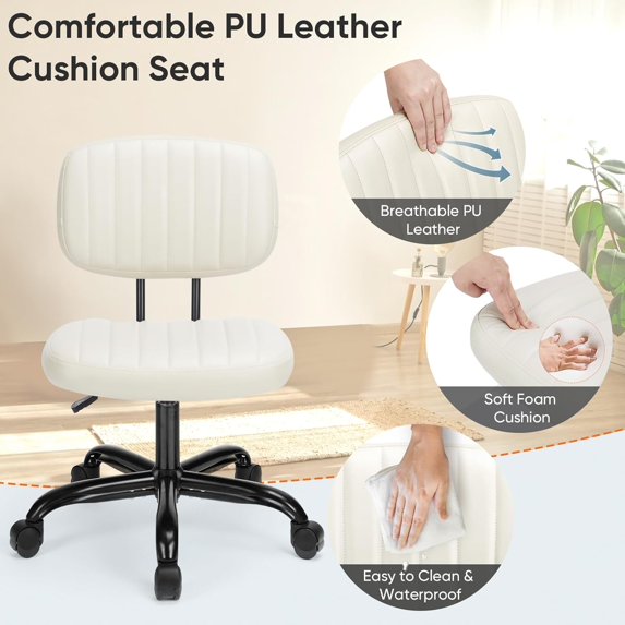 Armless Office Desk Chair, PU Leather Ergonomic Task Chair with Low Back Lumbar Support, Height Adjustable Swivel Computer Chair for Home Office