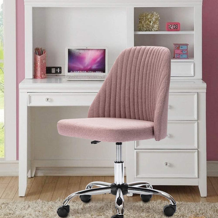 Betcozy Colorful Linen Desk Chair, Comfy Thick Seat with Swivel Wheels, Armless Task Chair, Pink