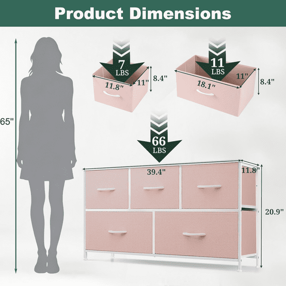 Aidoly 5-Drawer Dresser with Wooden Top, Adjustable Feet, Sturdy Metal Frame Dressers for Bedroom, Living Room