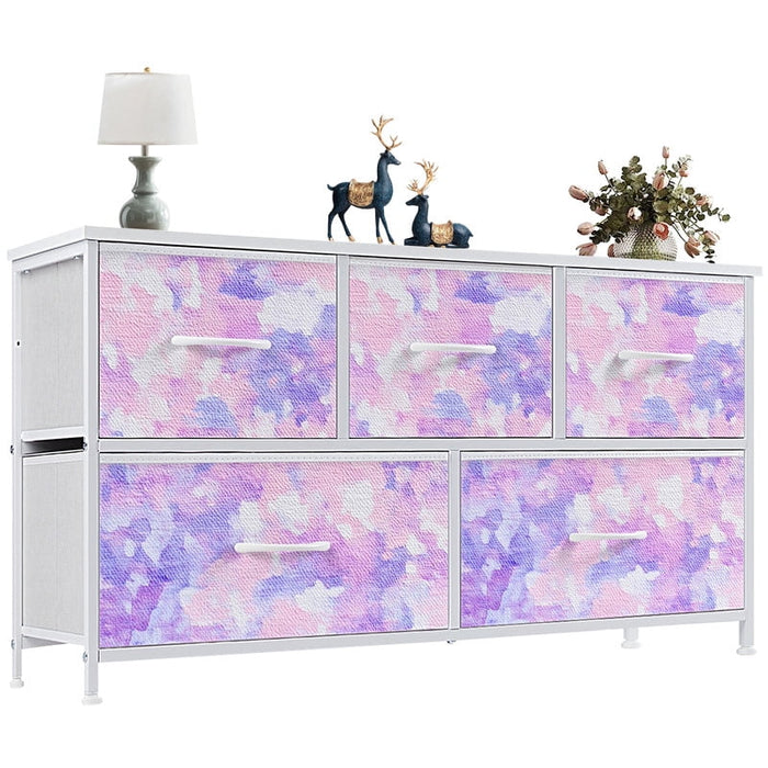Nextay 5-Drawer Dresser, Wide Fabric Chest of Drawers, Nightstand Storage Tower with Wood Top for Bedroom Living Room,Pinkish-purple