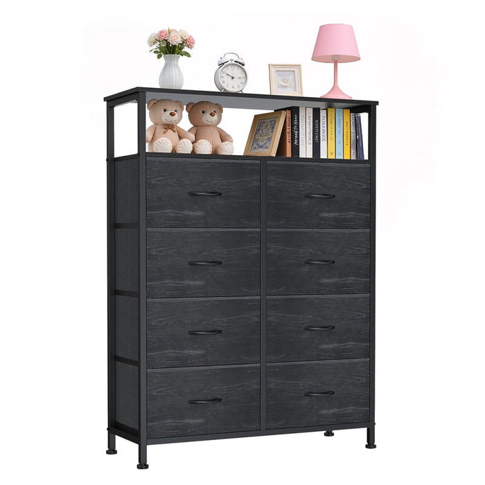 Simenmax 8-Drawer Fabric Dresser, Tall Vertical Chest of Drawers with Raised Shelf, Heavy-Duty Metal Frame Storage Tower with Fabric Bins for Closet, Hallway, Entryway,Black Wood