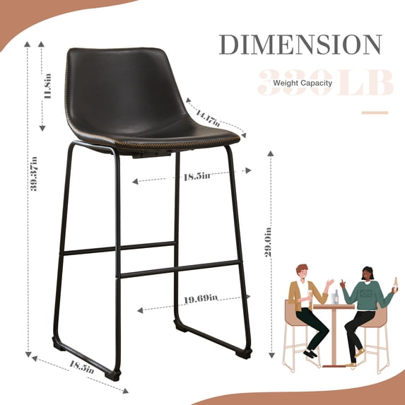 Set of 2 Counter Height Bar Stools, 26 inch Height Modern PU Leather Bar Chairs with Backrest and Metal Legs for Kitchen Island