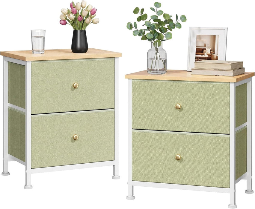 Simenmax Nightstand Set of 2 with 2-Drawer Nightstand, 20" Small Bedside Table with Fabric Storage Bins, Space-Saving End Table for Bedroom, Dorm, Closet, Light Green
