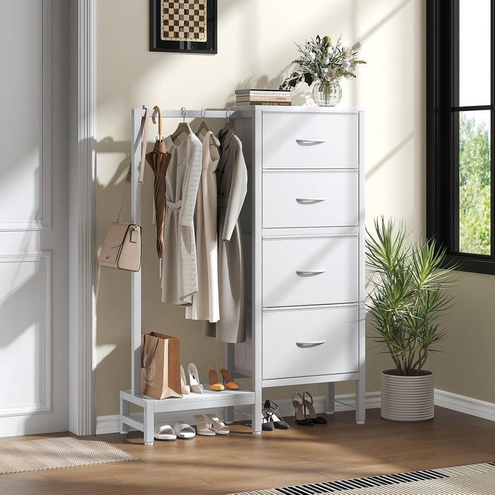 Blorly Hall Tree with Drawers, Industrial Coat & Clothes Rack Free Standing, Multi-Functional Clothes Garment Rack with Hanging Rod & Side Hooks for Entryway, Bedroom, Small Space, White