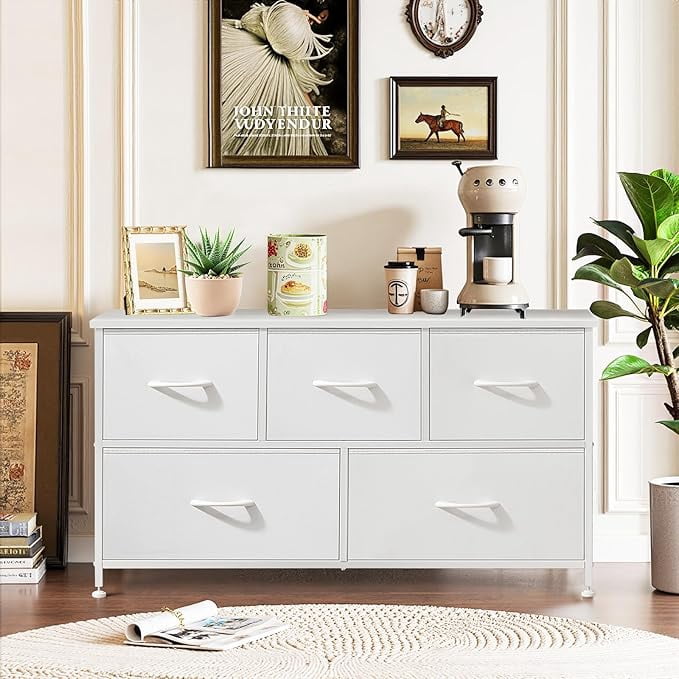 Ethovia 5-Drawer Fabric Dresser & TV Stand, Entertainment Center for 45-Inch TV with Open Shelf and Adjustable Feet, for Bedroom and Living Room, White