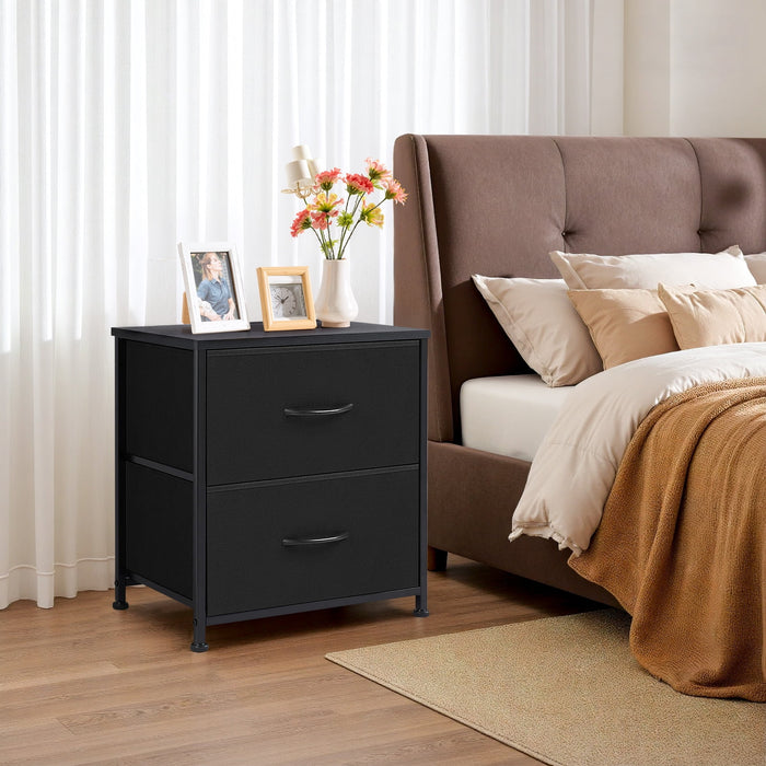 Betcozy 2-Drawer Fabric Nightstand Dresser, Modern Bedside End Table & Small Space Organizer, Wooden Top, Black