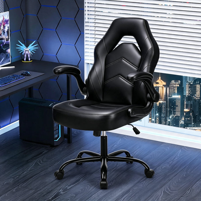 Betcozy Office Chair with Large Back, PU Leather Swivel Gaming Chair with Thicken Seats and Flip-up Armrests, Chair for Gaming, Work, Sturdy, Black