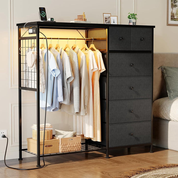 Taoset 6-Drawer Dresser with Clothes Rack & Charging Station, Garment Rack with Hanging Rod & Side Hooks, Free Standing Closet Organizer Storage Shelves for Bedroom, Cloakroom, Gray