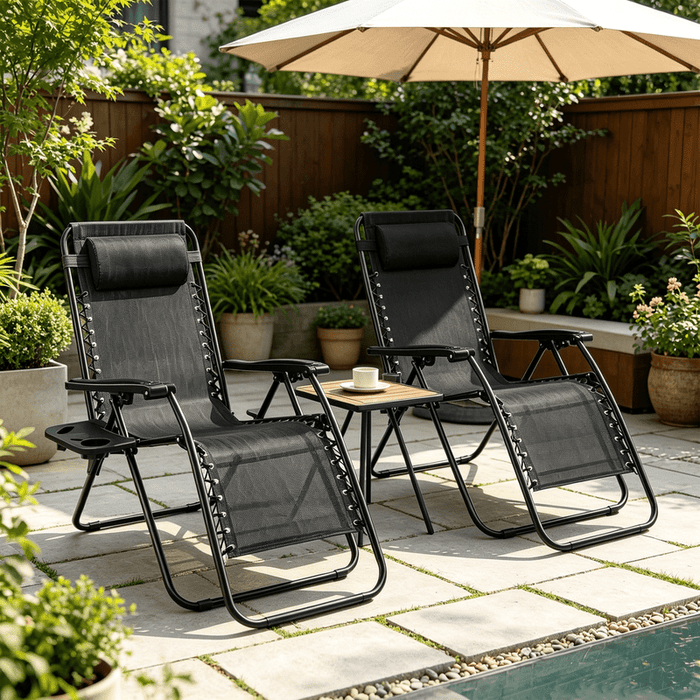 Betcozy Zero Gravity Chairs, 2 PCS Outdoor Patio Folding Lawn Chair, Reclining Lounger with Cup Holder Pillows for Camp, Poolside Backyard and Beach, Black